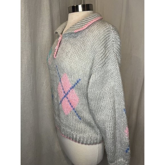 EVIAN II Knitted by Hand Women's Sweater Size M Long Sleeve Collar Grey/Pink - Picture 2 of 13